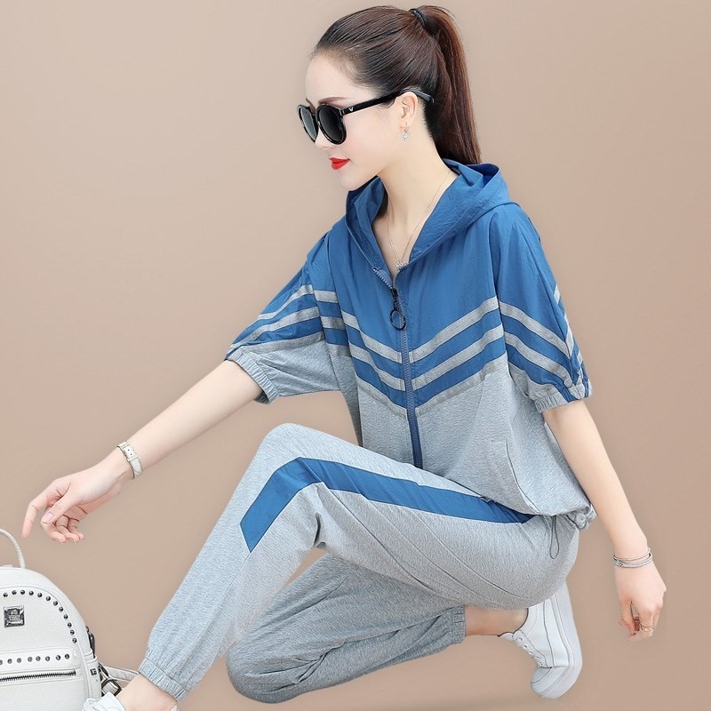 运动套装女2026年新款连帽夏季短袖长裤休闲两件套跑步服显瘦时尚