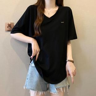 新款 大码 t恤女夏季 女装 胖MM宽松显瘦上衣0705z 遮肚子V领弧形短袖
