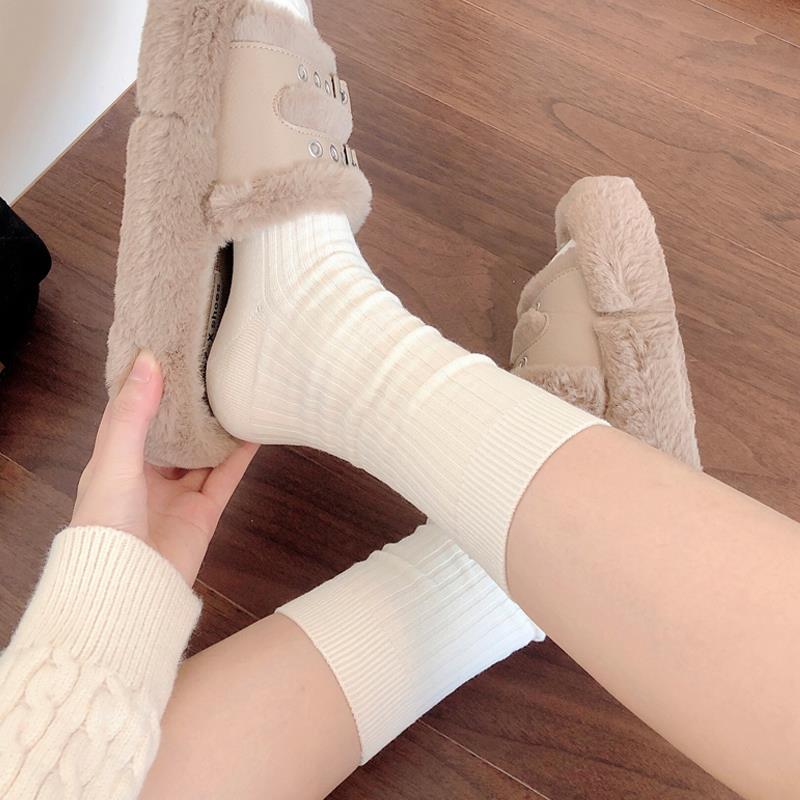 秋冬米白色小腿袜女款甜美短袜子竖条纹灰色中筒袜咖啡色1013z