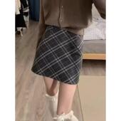 加码 胖女孩格纹裙女士春季 高腰纤细格纹a字臀裙学生短裙时0206r