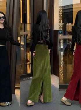 法式轻熟气质红色灯芯半身裙冬季高腰显瘦后开叉a字长裙0107k