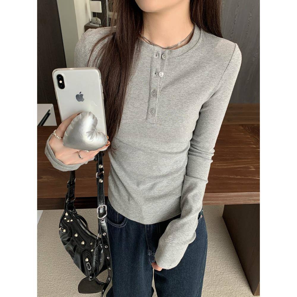 秋冬韩版显瘦半开领纽扣感圆领T恤女长袖内搭修身打底衫上衣1208z