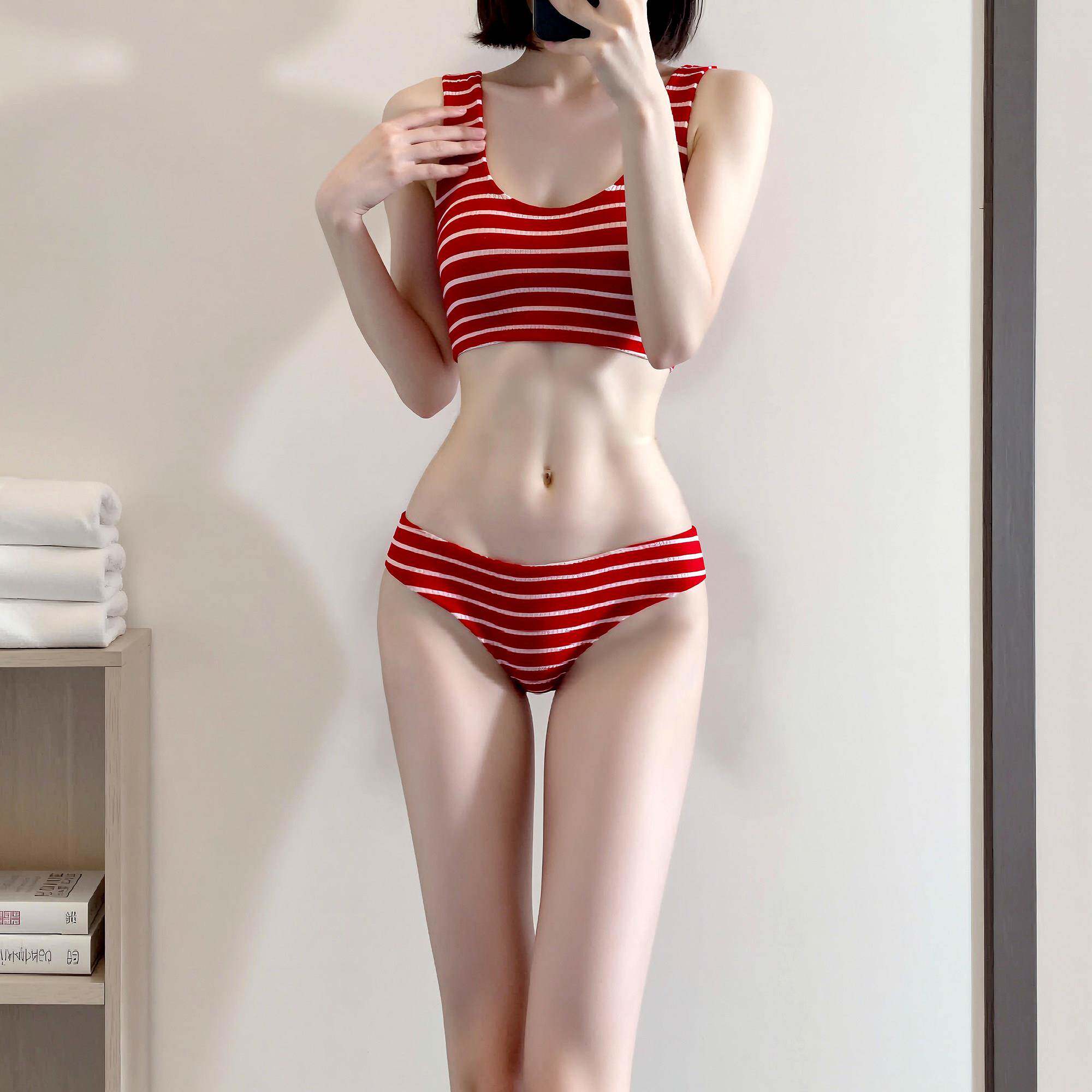 夏季红色条纹针织复古两件式比基尼泳衣女韩国ins温泉性感三0601z