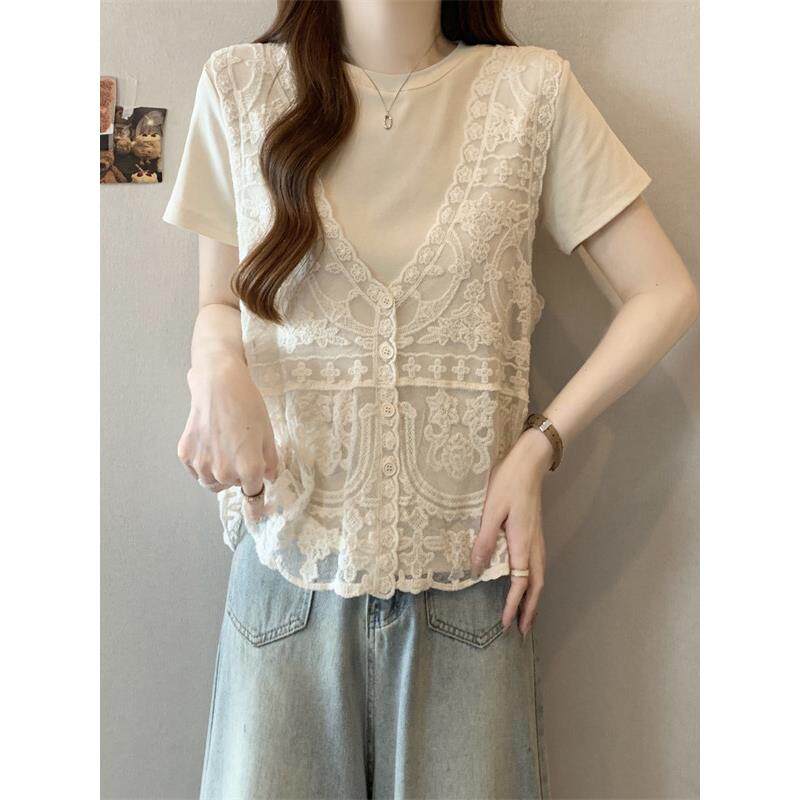 0303z春夏季大码胖mm感独蕾丝马甲背心叠穿短袖正肩T恤上衣女套装