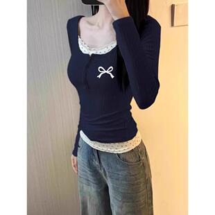 海蓝白色长袖下摆衬衫流行甜美辣妹苗条花假两件套t恤上衣的0205w