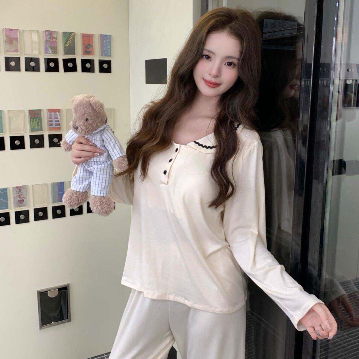 夏季2026年新款海军领韩系睡衣女莫尔百搭家居服套装长袖可0606z