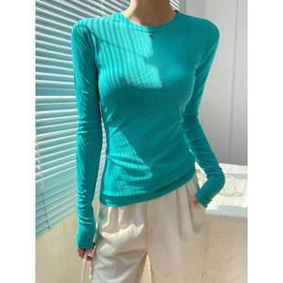 上衣蓝色修身 时尚 t恤士圆领长袖 女秋冬2025新款 内层弹1225h 打底衫