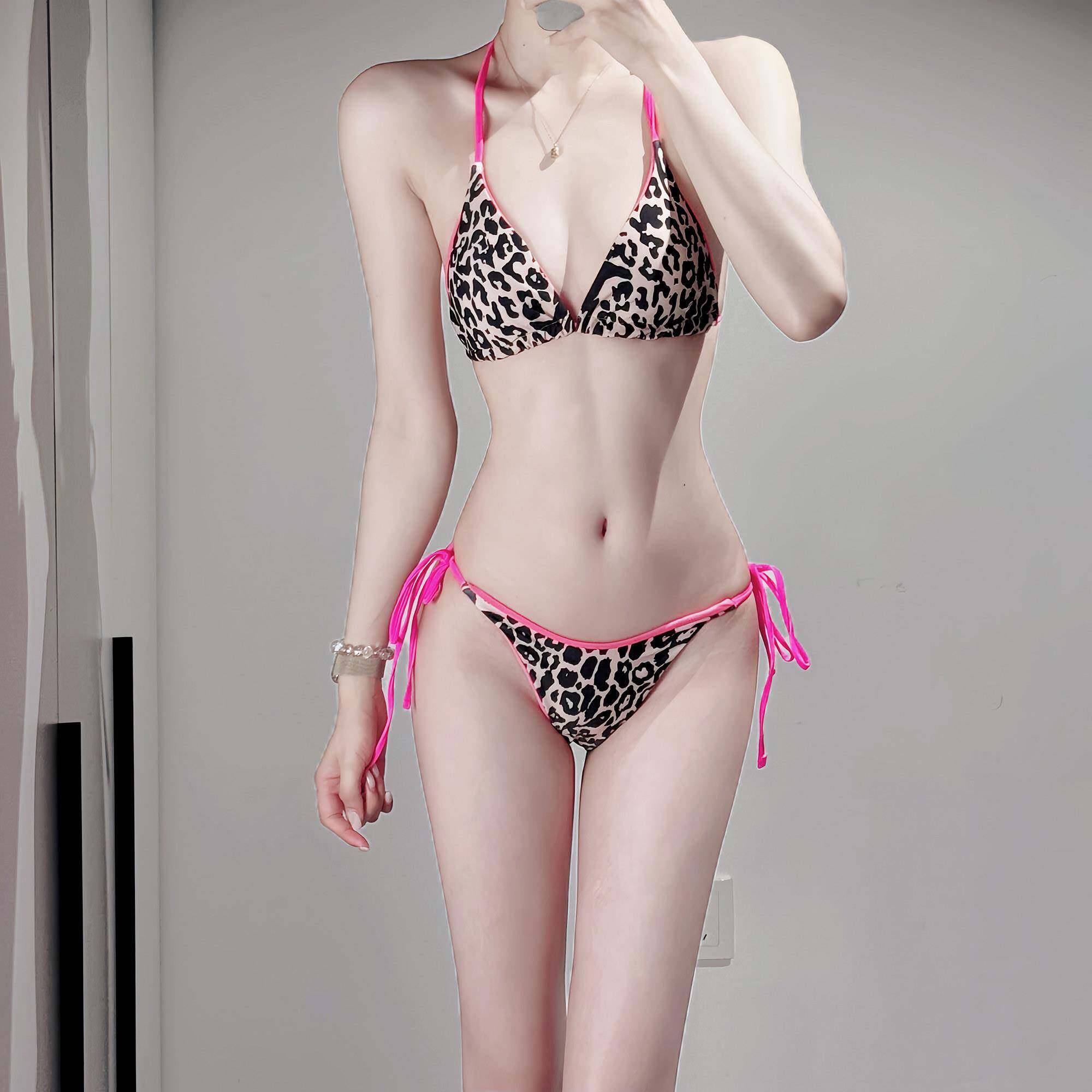夏季挂颈绑带豹纹拼色性感比基尼泳衣女三点式泡温泉度假三0601z