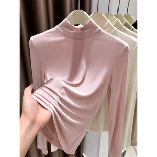 t恤冬弹皮衣新款 时尚 粉色长袖 女秋冬士高领底衫 内搭上1225h 打底衫