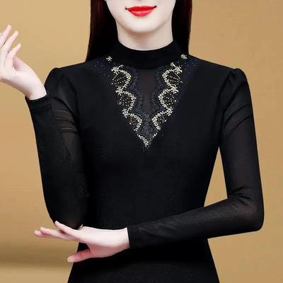 半高领打底衫女内搭秋冬2025年新款加厚长袖蕾丝黑色上衣0916e