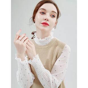 春夏白色波点高领衫女长袖白色蕾丝打底衫女内搭网纱抽褶上0301z