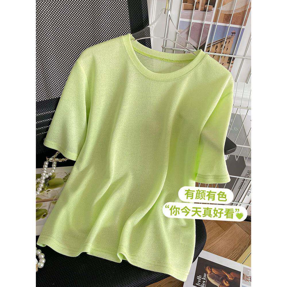 春夏季糖果色短袖t恤女基础款装半袖绿色圆领简约休闲百搭0308z