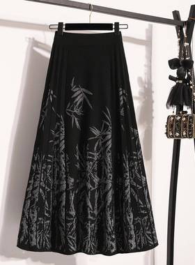 春季感刺绣黑色马面裙子秋大码胖新中式国风a字针织半身裙0115k