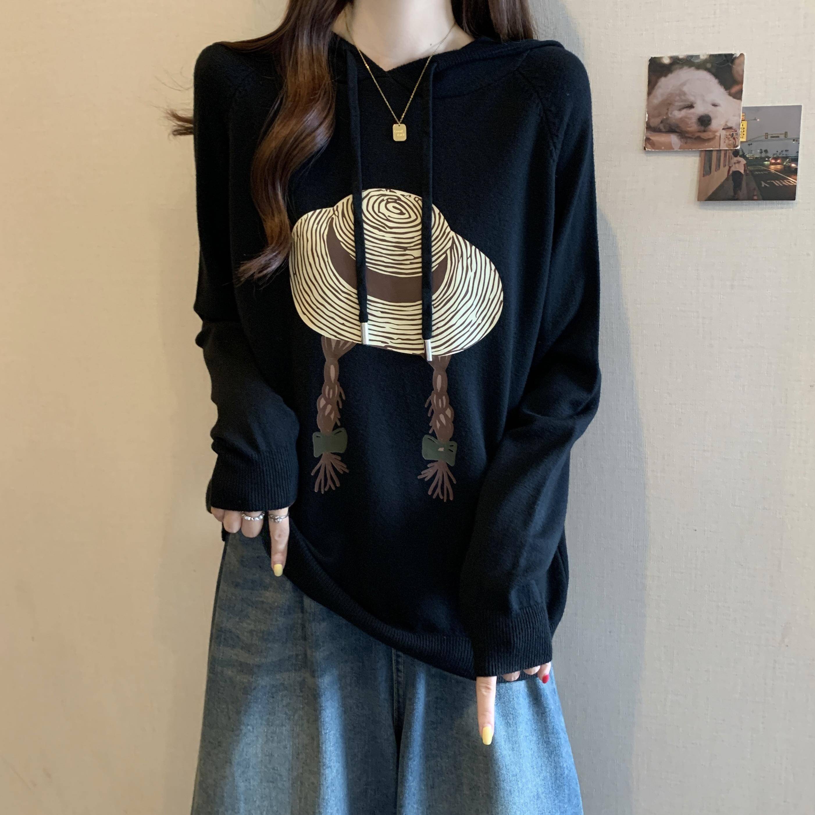 冬季大码女装胖mm遮肚子印花连帽针织衫女别致显瘦毛衣打底1014c