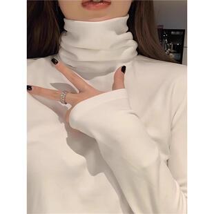 加绒加厚长袖 新款 T恤女内搭秋衣1018r 女秋冬季 白色堆堆领打底衫
