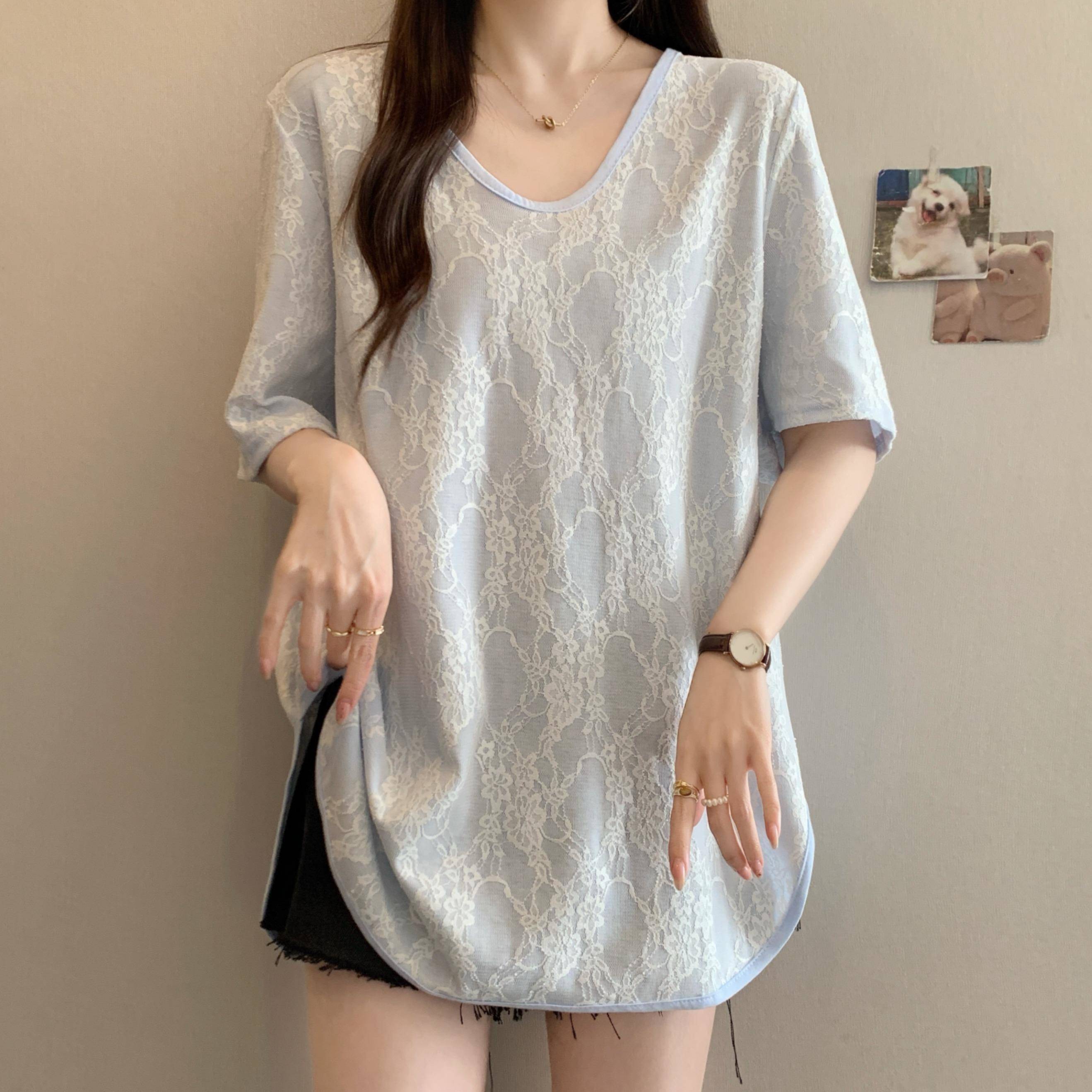 浅蓝色V领短袖T恤女2025新款夏大码胖mm巨显瘦遮肚中长款中0623z