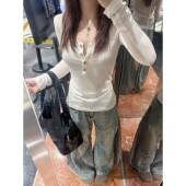 白色常规肩部修身 辣女孩半开v领利基长袖 t恤女士秋季 上衣0205w