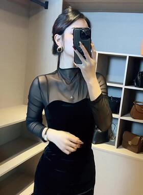 半高领拼接长袖t恤女性内层衬衫2026新款春季修身上衣bott1229w