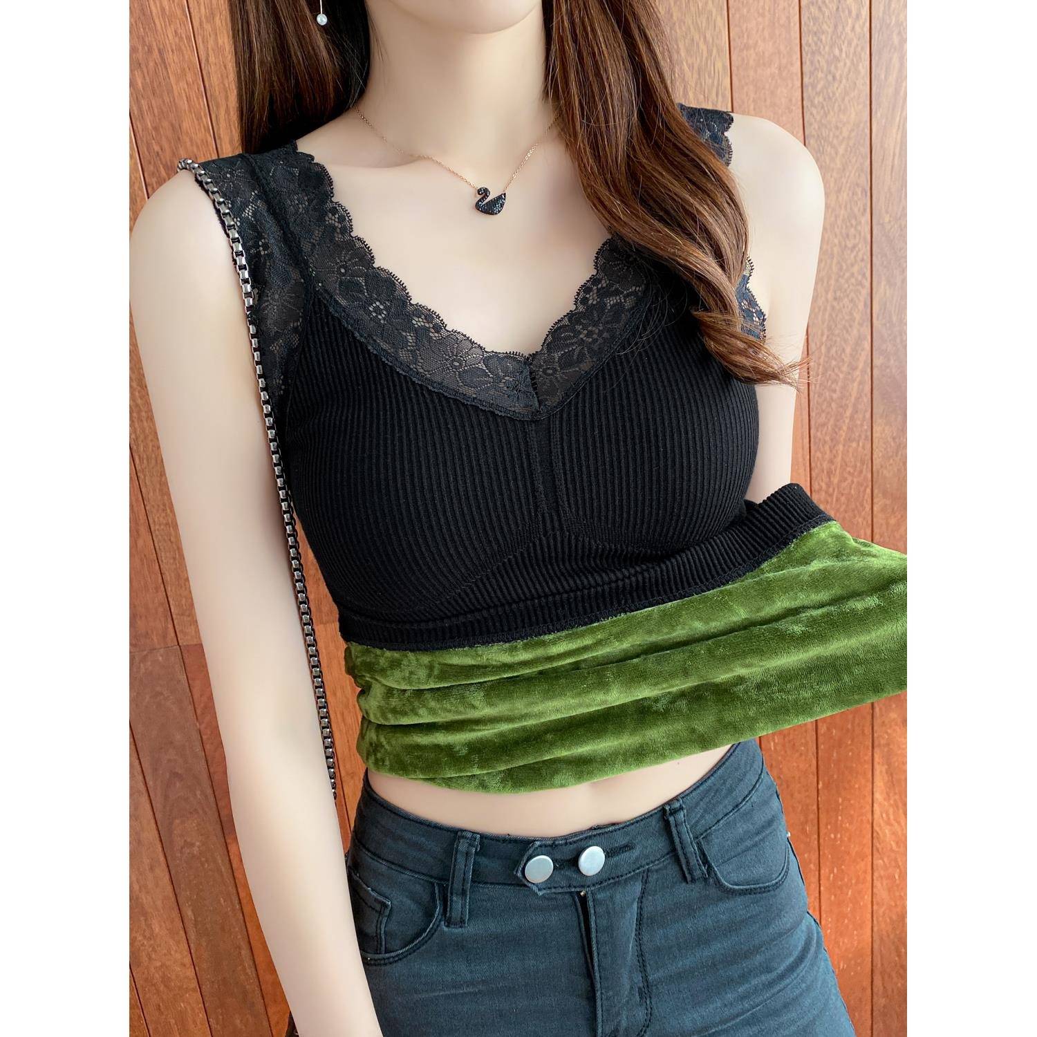 秋冬蕾丝美背加绒加厚吊带背心女保暖上衣带胸垫内搭弹打底1204z