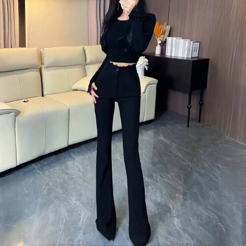 裤子女夏黑色微喇裤女2026年新款设计感百搭拼蕾丝高腰显瘦0507z