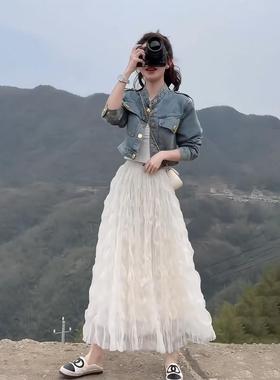 春季牛仔外套配长裙子套装2026新款装秋减龄洋气白色半身裙0115k