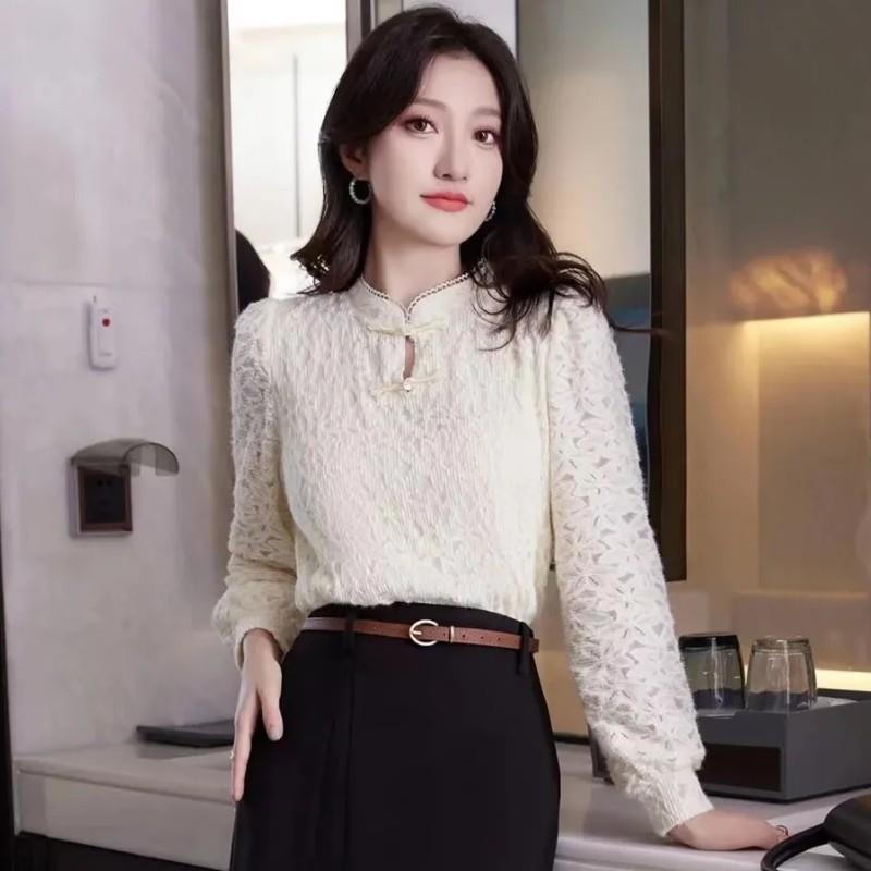 秋冬打底内搭2025年加绒加厚蕾丝衫女花边钉珠盘扣洋气上衣1007k
