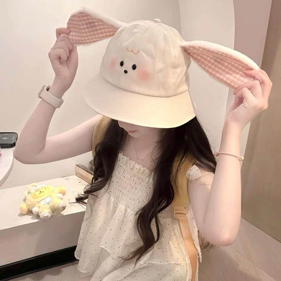 春夏可爱萌趣粉红格纹兔子耳朵渔夫帽子女甜美百搭防晒遮阳0120r,服饰配件/皮带/帽子/围巾,帽子,淘宝优惠券,粉丝福利购,淘宝优惠卷