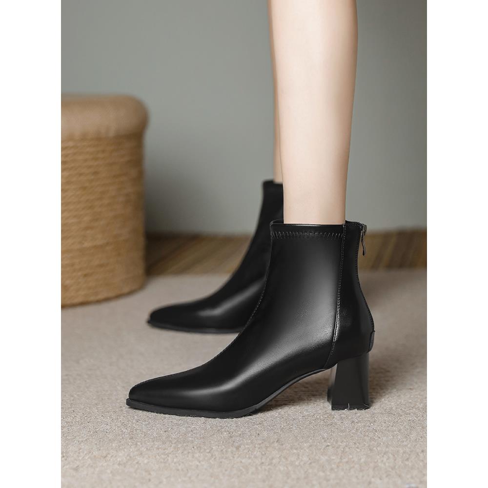 黑色厚跟尖头中跟5厘米高跟7厘米短靴女式秋冬衬后拉炼靴1118z