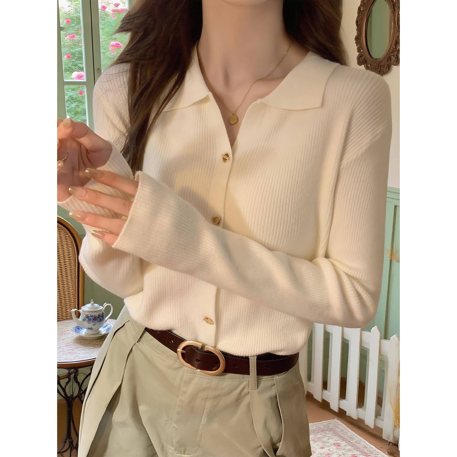 秋冬法式polo领针织衫女修身毛衣长袖T恤内搭打底衫上衣1122z