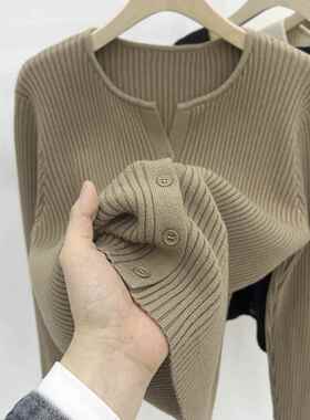 长袖t恤女打底衫时髦咖啡色坑条针织开衫2025宽松感毛衣外套1125w