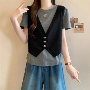 大码 t恤女微胖mm宽松显瘦正肩0624z 夏季 韩系设计感假两件拼接短袖