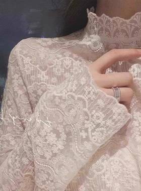 半高领蕾丝打底衫秋洋气内搭提花长袖t恤气质减龄网纱上衣0115k