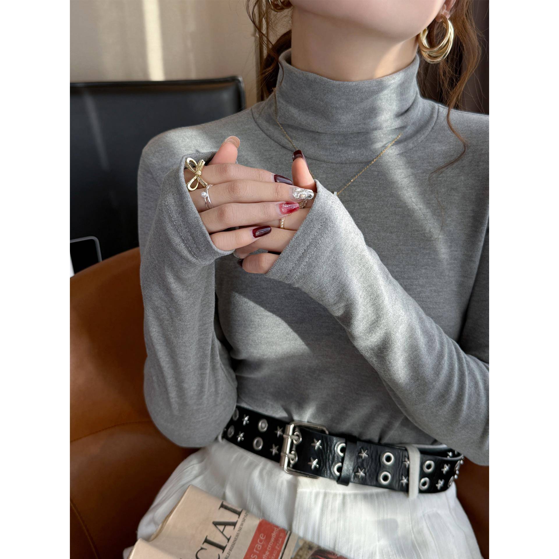 灰色堆堆领打底衫女内搭2025冬新款磨毛加绒长袖上衣1119w