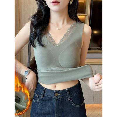 蕾丝边带胸垫保暖背心女加绒加厚无袖内搭打底衫秋冬季一体1202r