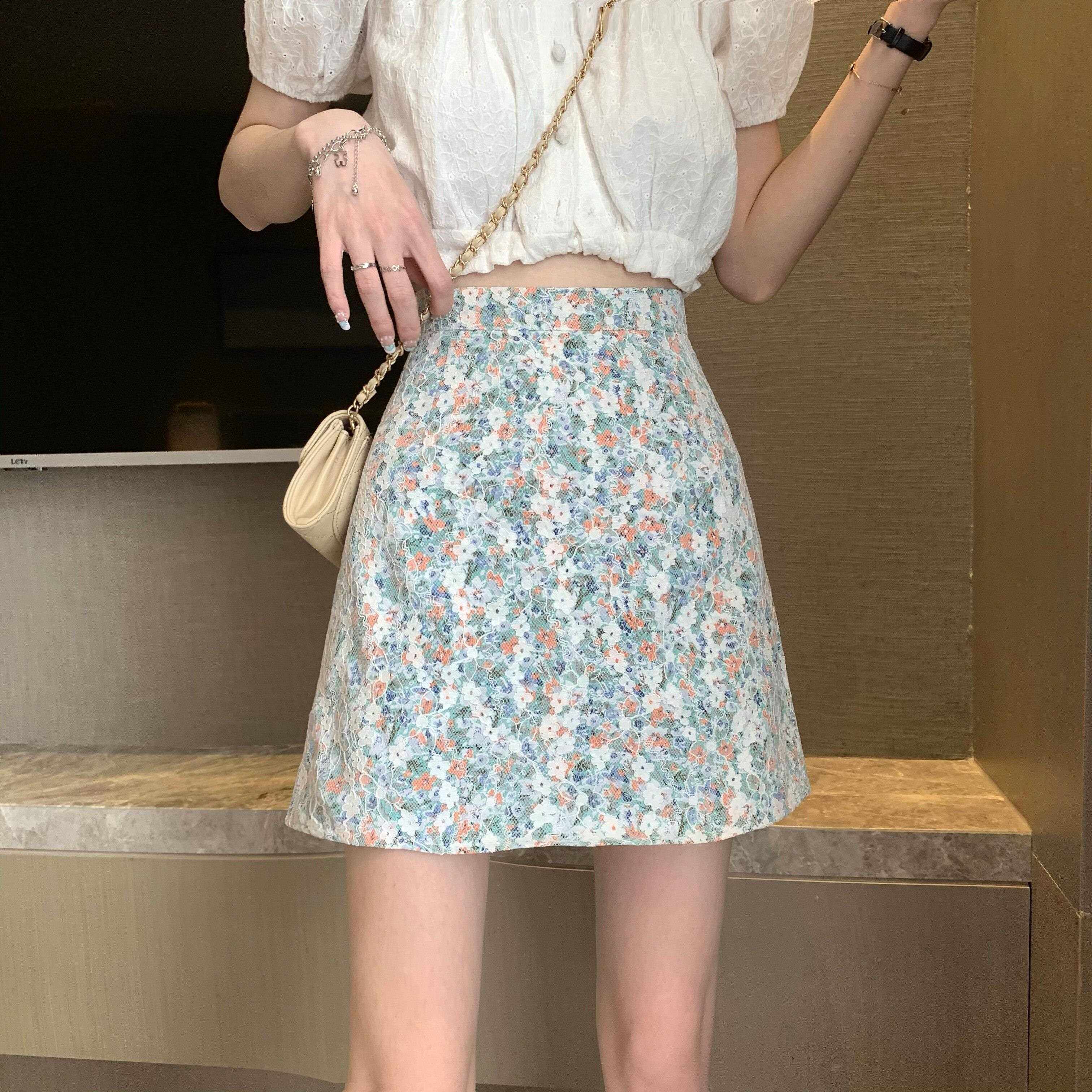 小清新碎花裙百搭a字裙新款蕾丝半身裙胖mm高腰显瘦包臀短裙0210e