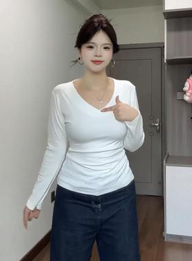 大码女装欲正肩白色V领长袖T恤女春秋胖mm收腰显瘦内搭打底0110w