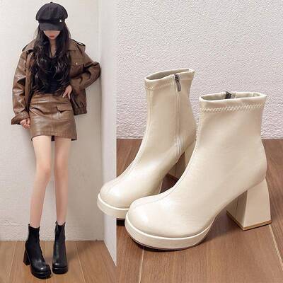 高跟短靴女2025秋冬新款白色圆头粗跟切西瘦瘦靴子英伦风马1114z