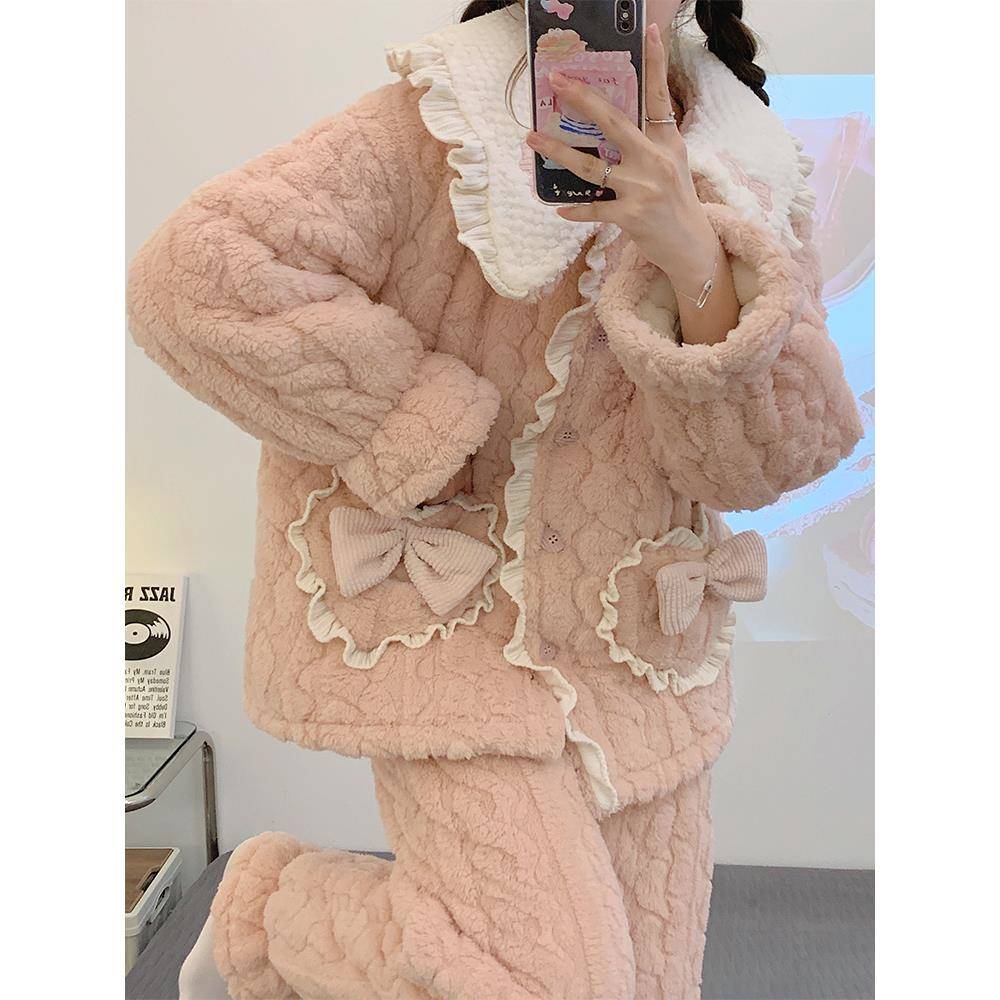 秋冬三层加厚夹睡衣女款2025新款加绒翻领家居服套装可外穿1114z