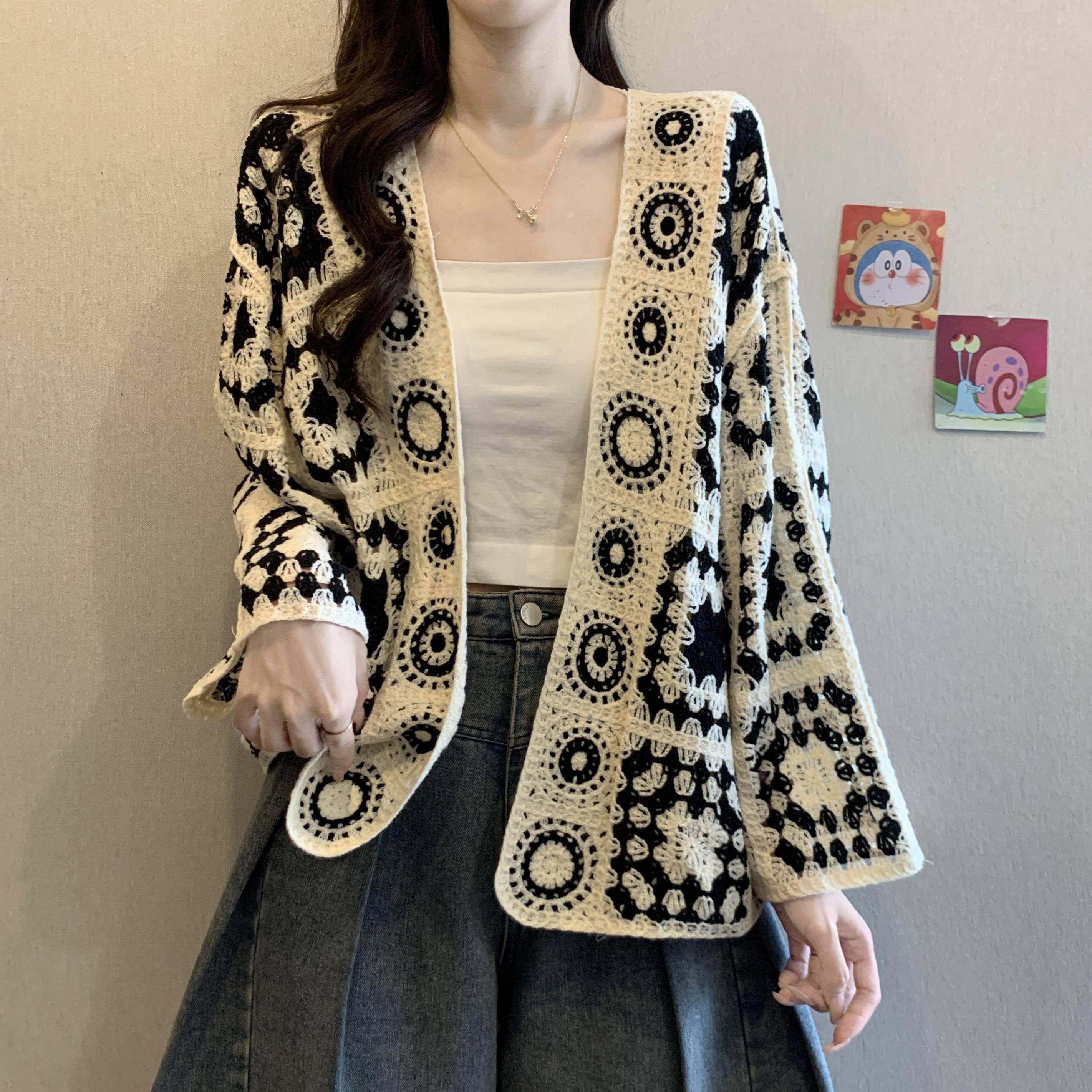 冬季大码女装胖mm钩花针织开衫女宽松显瘦感毛衣外套1014c