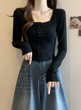 0110w正肩长袖方领T恤女早春新款大码微胖mm巨显瘦修身甜辣小衫短