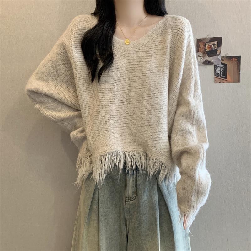 冬季大码女装慵懒风正肩流苏针织衫女胖mm显瘦百搭感毛衣1019c