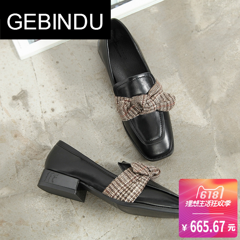 GEBINDUchic单鞋女复古2018粗跟方根春季百搭休闲中跟春款方头蝴