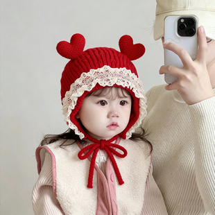 婴幼儿可爱护耳帽子秋冬季保暖针织帽女宝宝毛线帽新年红色公主帽