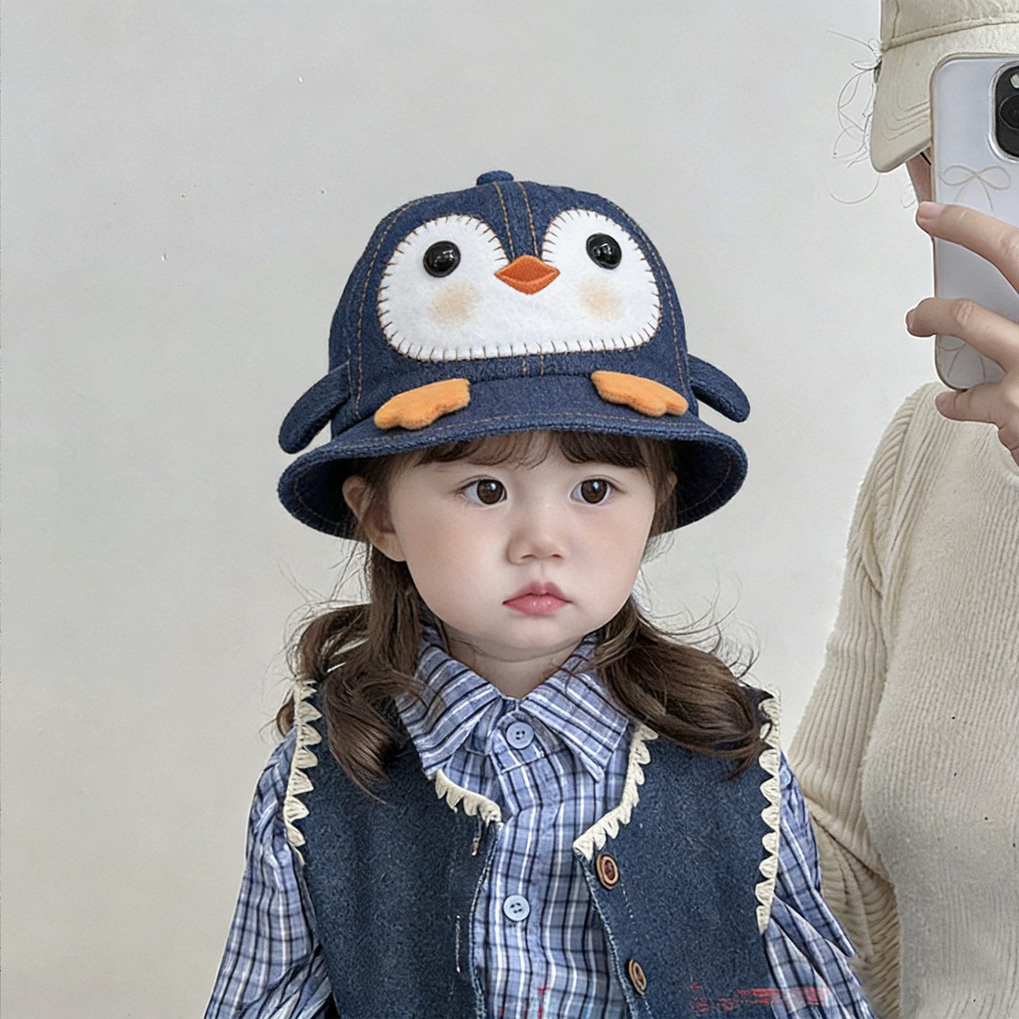 儿童渔夫帽子春秋季洋气企鹅刺绣牛仔遮阳帽男女宝宝夏季防晒盆帽