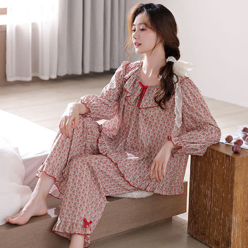 睡衣女士春秋款纯棉长袖女款秋季全棉大码秋冬薄款休闲家居服套装
