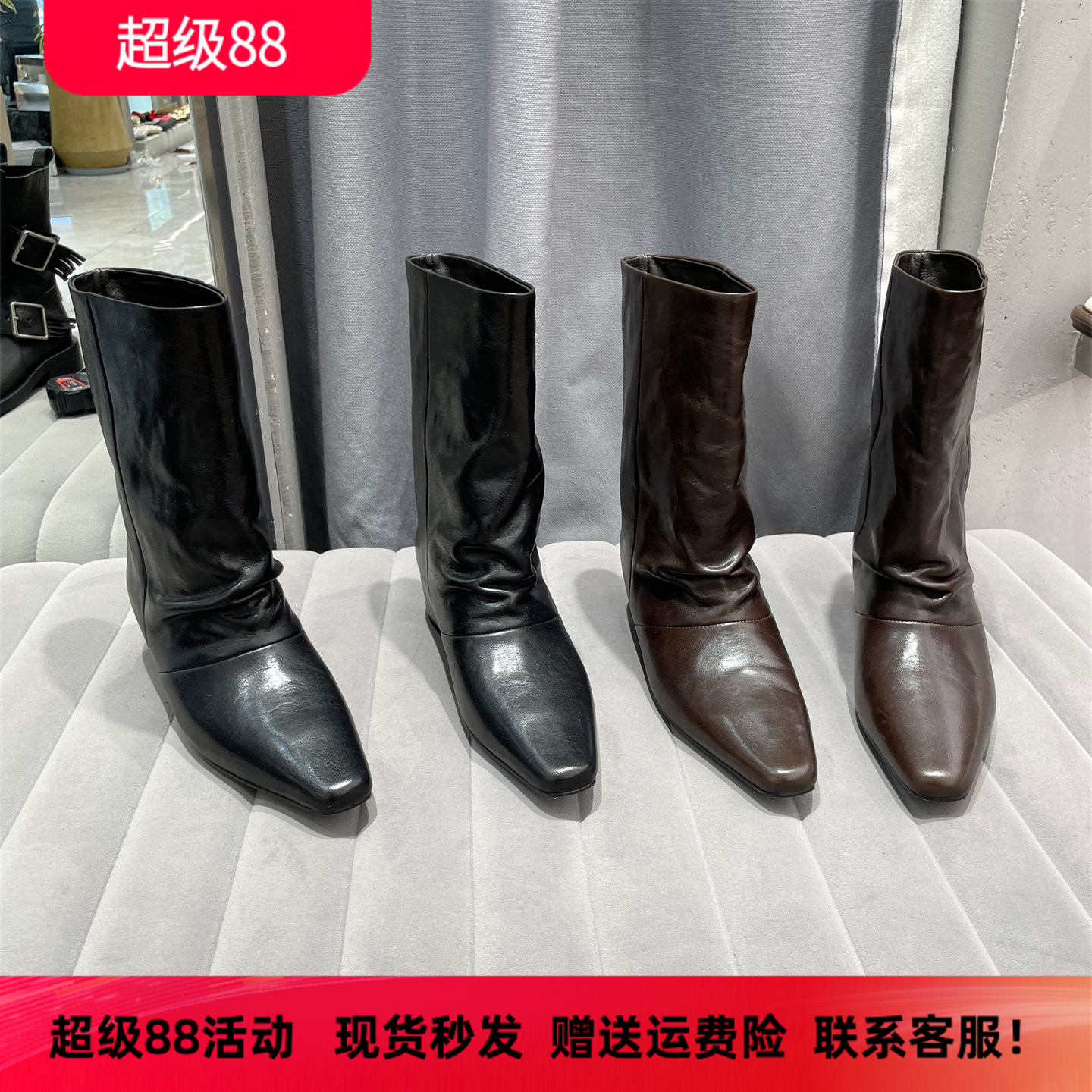乐魔秋冬款真皮内增高套脚短靴女