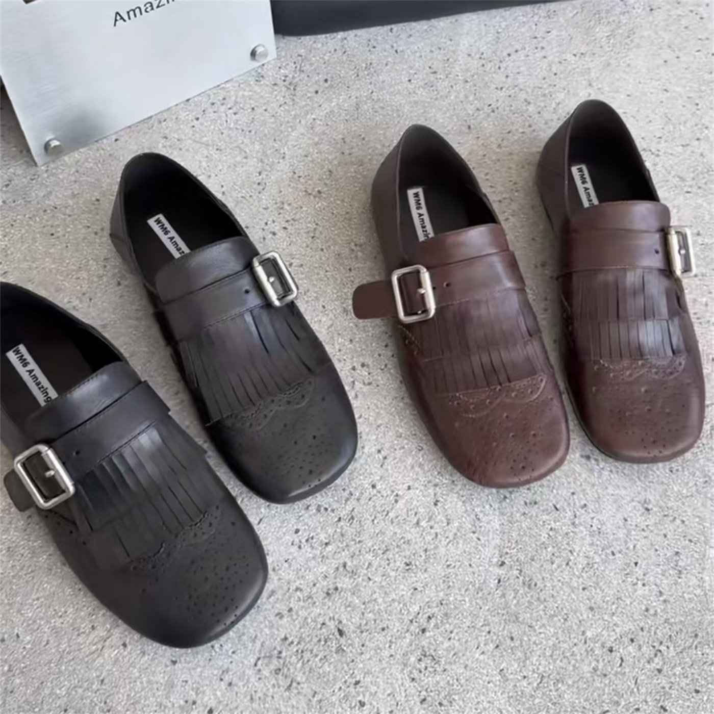 WM6欧洲站2026春款真皮女鞋百搭时尚复古流苏方头深口低跟单鞋,女鞋,深口单鞋,淘宝优惠券,粉丝福利购,淘宝优惠卷