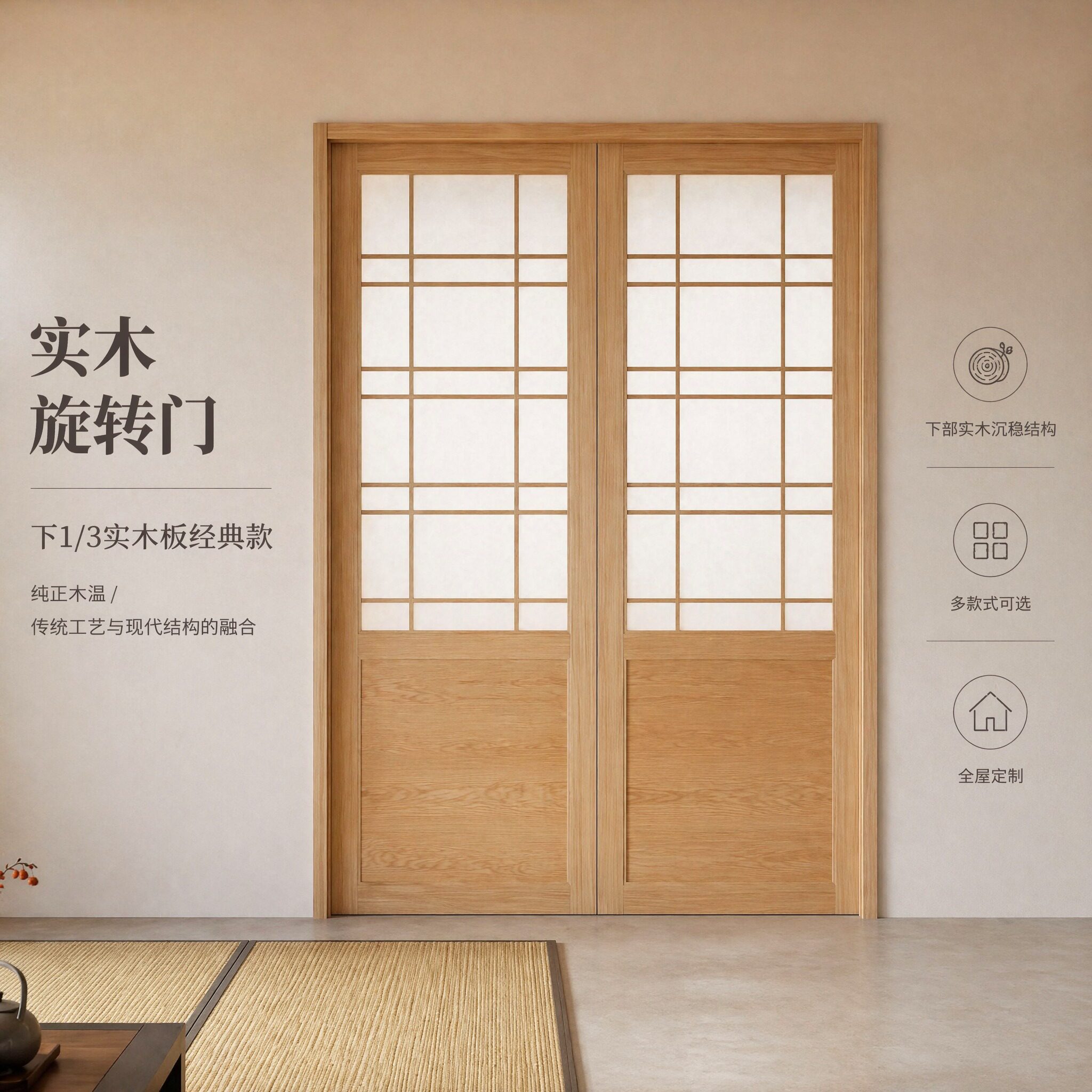 定制360度天地轴旋转门实木中轴卧室悬浮门偏轴酒店日式推拉门