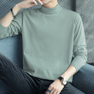 纯棉t恤男长袖半k高领全棉内搭秋冬季保暖加绒加厚打底衫中领秋衣