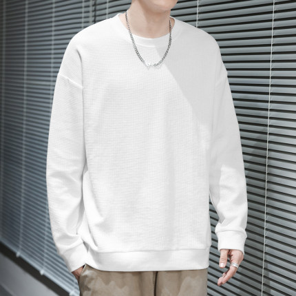 美式重磅华夫格卫衣男士秋冬款圆领无帽加绒加厚纯色白色长袖t恤